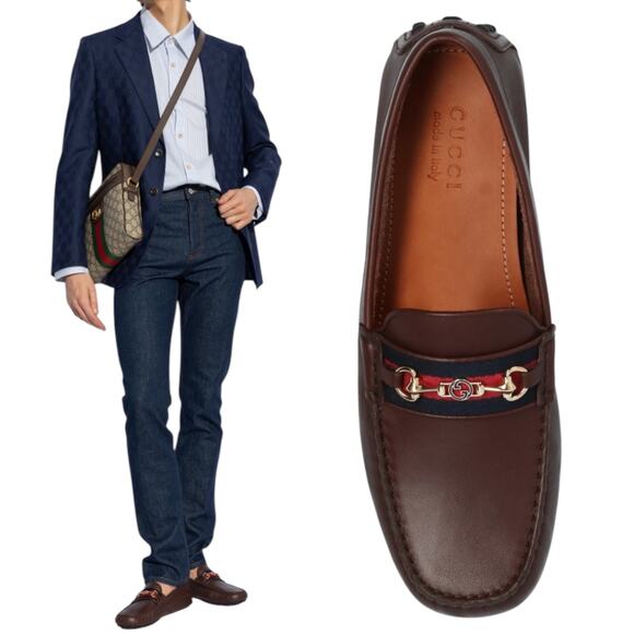 Gucci Ayrton Web GG Logo Horsebit Leather Driver Loafer Brown Size 13 - Picture 3 of 15